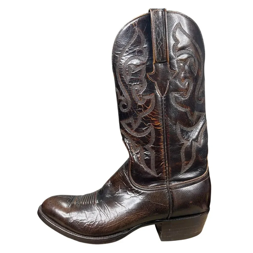 Vintage Lucchese Men’s Brown Leather Glossy Cowboy Boot Size US 8.5 D